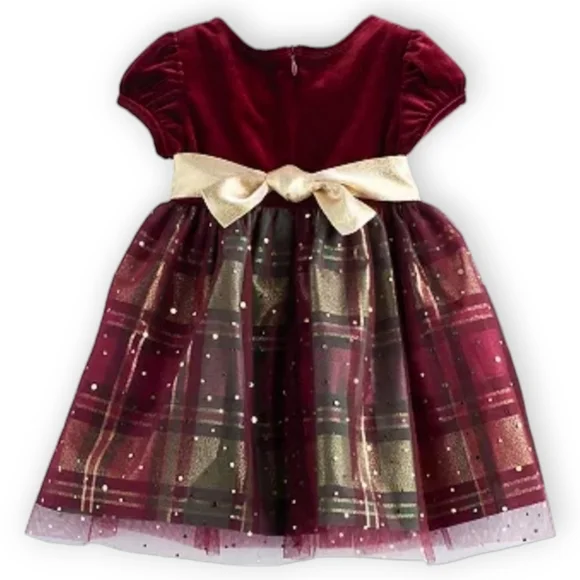 Bonnie Jean Gold, Green, & Red Velvet Plaid & Sparkle Holiday Christmas Dress,2T